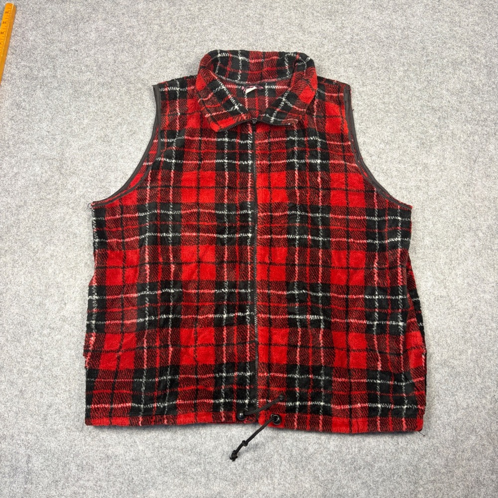 Vintage S.K. Pepper Red Black Plaid Fleece Vest Full Zip Drawstring USA Made XL